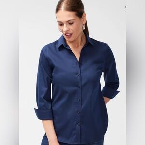 Chico’s Navy Blue No-Iron Stretch Sateen Shirt M NWT